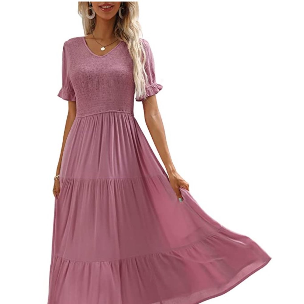 Kranda Women V Neck Short Puff Sleeve Solid Smocked Ruffle Pleats Midi Dress